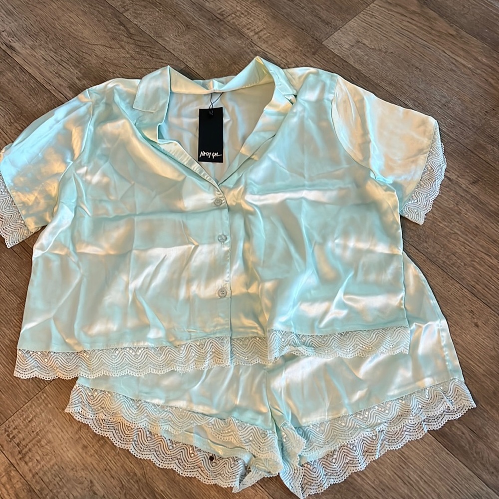 Satin lace trim shirt and short pajama set